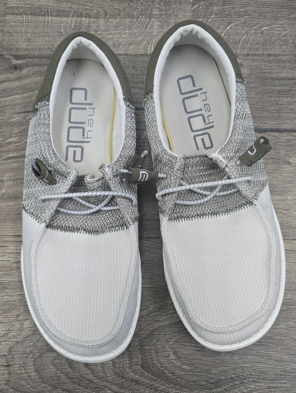 Hey Dude Wally Knit Slip-Ons in Light Gray and Olive Green